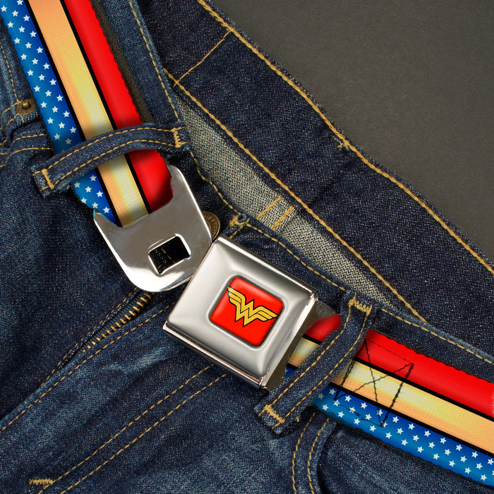 Wonder Woman Logo Full Color Red Seatbelt Belt - Wonder Woman Stripe/Stars Red/Gold/Blue/White Webbing Seatbelt Belts DC Comics   
