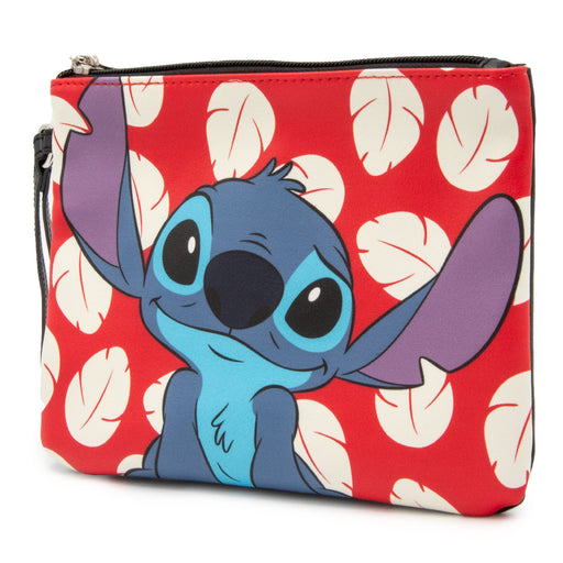Wallet Single Pocket Wristlet - Lilo & Stitch Stitch Sweet Smiling Pose and Leaves Red White Wristlets Disney   