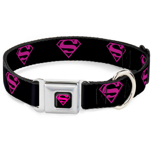 Superman Black/Hot Pink Seatbelt Buckle Collar - Superman Shield Black/Hot Pink Seatbelt Buckle Collars DC Comics   