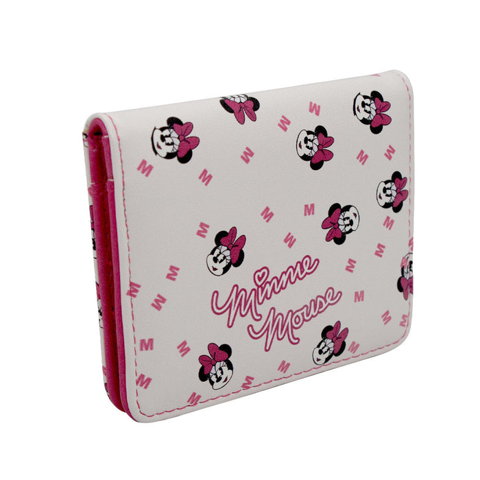 Women's Wallet ID Fold Over - Minnie Mouse Script with Expressions and M Icon Scattered White Pink Mini ID Wallets Disney   