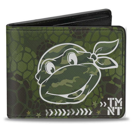 Bi-Fold Wallet - Classic Turtle Face CLOSE-UP Outline TMNT Turtle Shell Camo Olive White Bi-Fold Wallets Nickelodeon   
