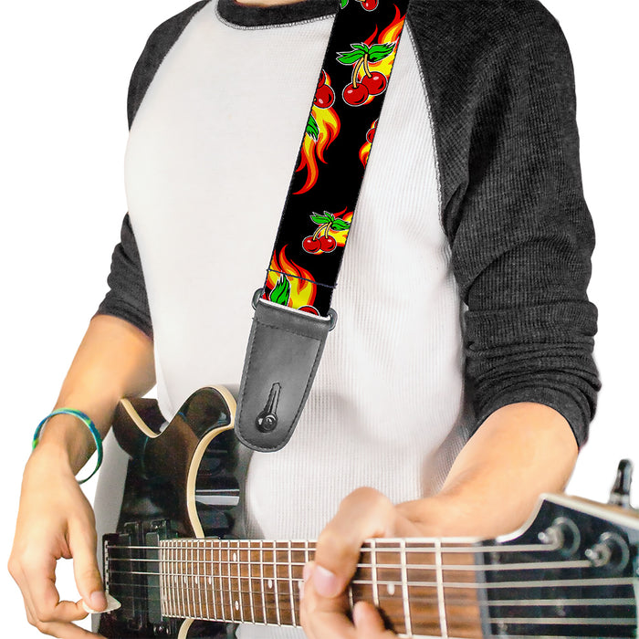 Guitar Strap - Flaming Cherries Scattered Black Guitar Straps Buckle-Down   