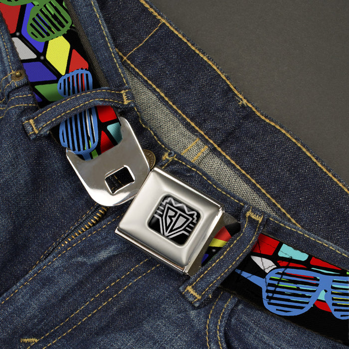 BD Wings Logo CLOSE-UP Full Color Black Silver Seatbelt Belt - Eighties Shades Rubiks Black/Neon Webbing Seatbelt Belts Buckle-Down   