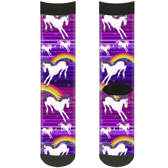 Sock Pair - Polyester - Unicorns Rainbows w Stripes Purple - CREW Socks Buckle-Down   