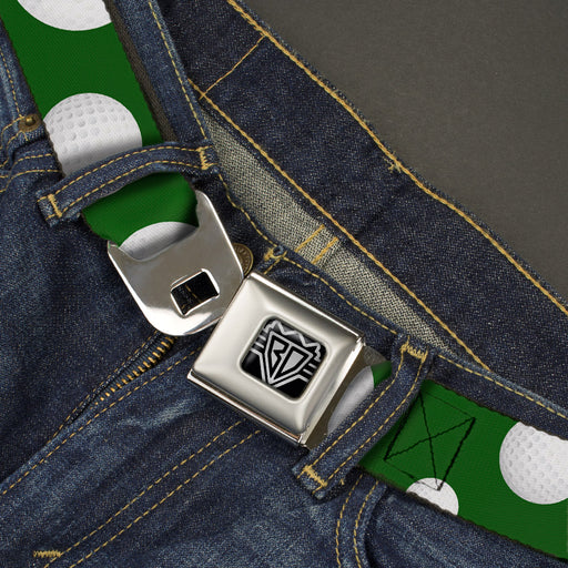 BD Wings Logo CLOSE-UP Full Color Black Silver Seatbelt Belt - Golf Balls Scattered Green/White Webbing Seatbelt Belts Buckle-Down   