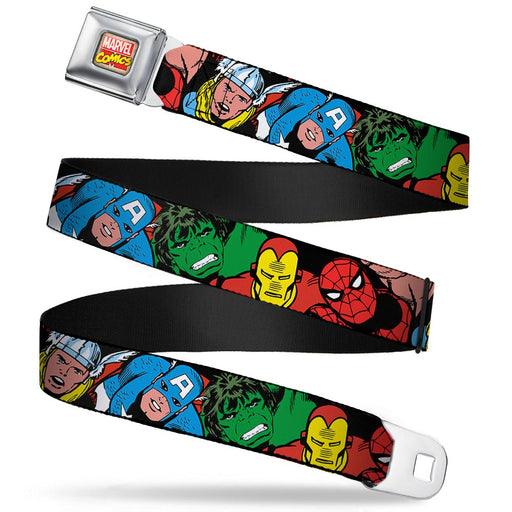 MARVEL COMICS Marvel Comics Logo Full Color Seatbelt Belt - 5-Marvel Characters Black Webbing Seatbelt Belts Marvel Comics   