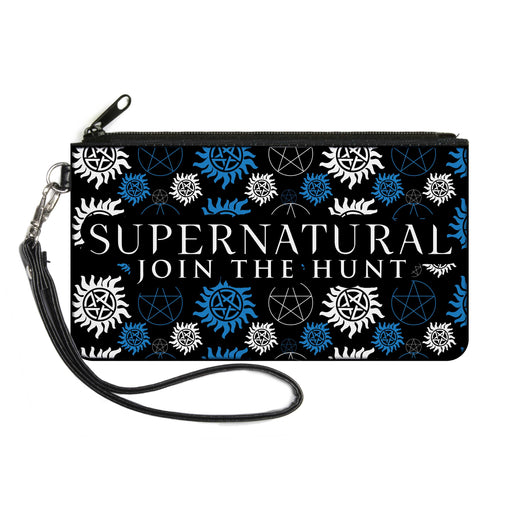 Canvas Zipper Wallet - SMALL - SUPERNATURAL-JOIN THE HUNT Icons Scattered Black Blues White Canvas Zipper Wallets Supernatural   