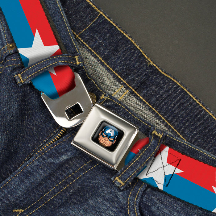 Captain America Pop Art Face Full Color Black Seatbelt Belt - Captain America Stars/Stripe Red/Blue/White Webbing Seatbelt Belts Marvel Comics   