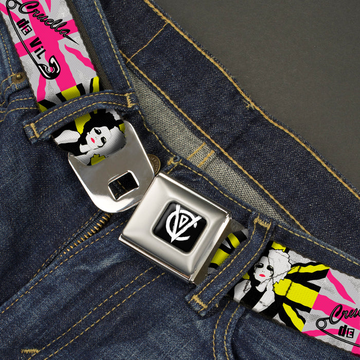 Cruella de Vil CDV Icon Full Color Black/White Seatbelt Belt - CRUELLA DE VIL Safety Pin Union Jack Punk Rock Blocks Webbing Seatbelt Belts Disney   