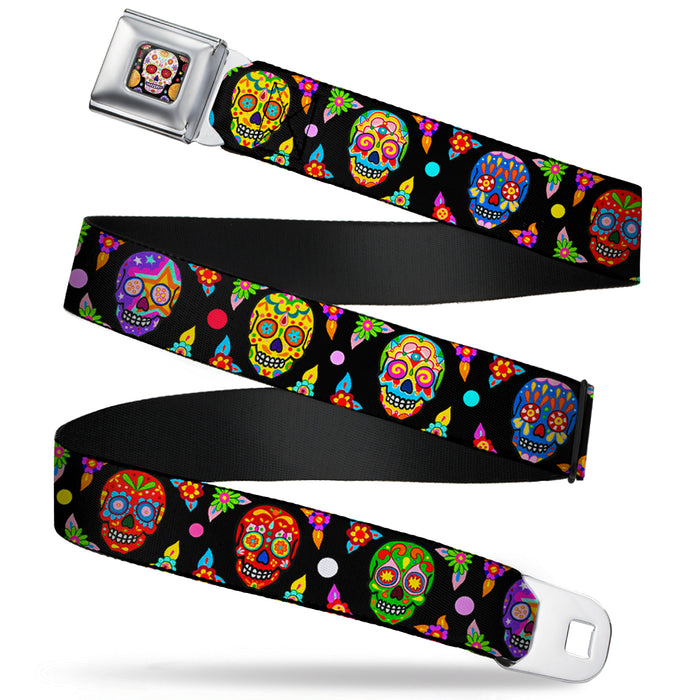Sugar Skull Starburst Full Color Black/Multi Color Seatbelt Belt - Colorful Calaveras Black/Multi Color Webbing Seatbelt Belts Thaneeya McArdle   