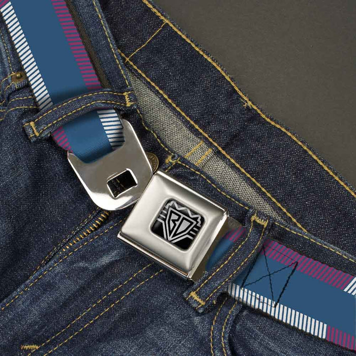 BD Wings Logo CLOSE-UP Full Color Black Silver Seatbelt Belt - Hash Mark Stripe Turquoise/Fuchsia/White Webbing Seatbelt Belts Buckle-Down   