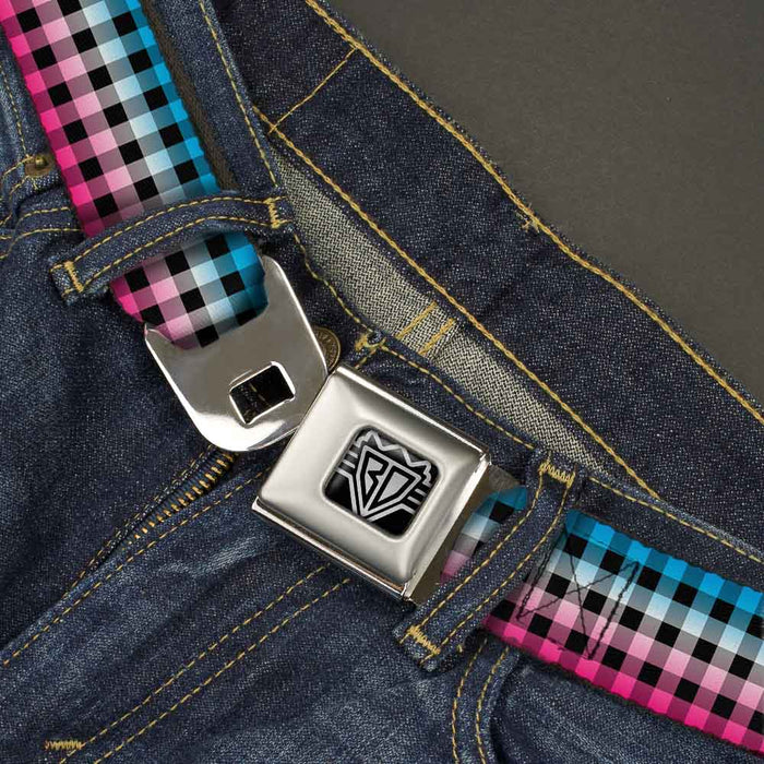 BD Wings Logo CLOSE-UP Full Color Black Silver Seatbelt Belt - Buffalo Plaid Turquoise/Fuchsia Fade Webbing Seatbelt Belts Buckle-Down   
