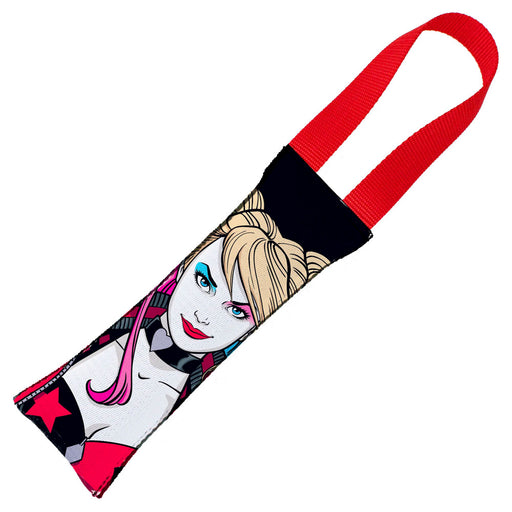 Dog Toy Squeaky Tug Toy - Harley Quinn Face + Diamond Icon CLOSE-UP Black Red - RED Webbing Dog Toy Squeaky Tug Toy DC Comics   