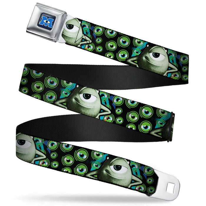 Monsters University Logo Full Color Blue White Seatbelt Belt - Mike Poses/Eyeballs Black/Greens Webbing Seatbelt Belts Disney   