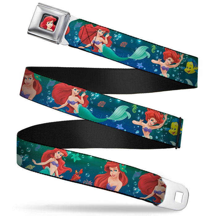 Ariel CLOSE-UP Full Color Seatbelt Belt - Ariel Poses w/Flounder Green/Blue Fade Webbing Seatbelt Belts Disney   