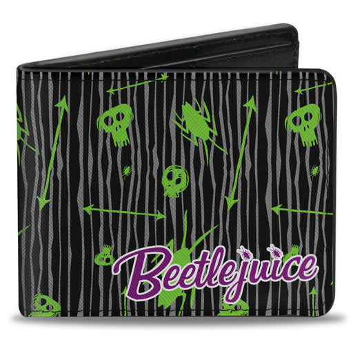 Bi-Fold Wallet - BEETLEJUICE Roach Skull Doodles Collage Black Gray Green Purple Bi-Fold Wallets Warner Bros. Horror Movies   