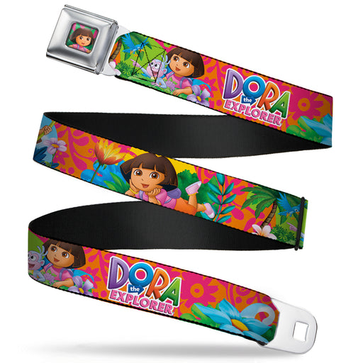 Dora Pose Full Color Pink/Green Seatbelt Belt - DORA THE EXPLORER Dora Poses/Floral Collage Orange/Pink Webbing Seatbelt Belts Nickelodeon   
