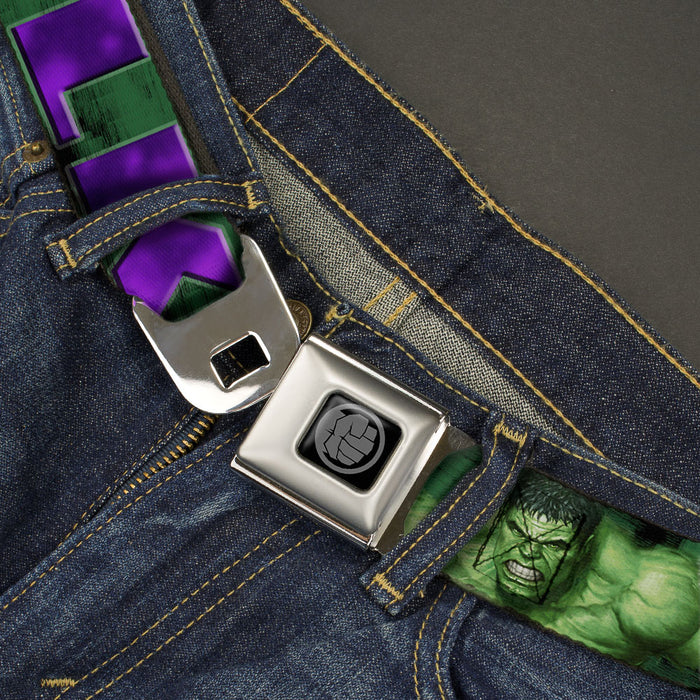 MARVEL AVENGERS Hulk Avengers Icon Black Silver Seatbelt Belt - HULK Face CLOSE-UP/Action Pose Greens/Purples Webbing Seatbelt Belts Marvel Comics   