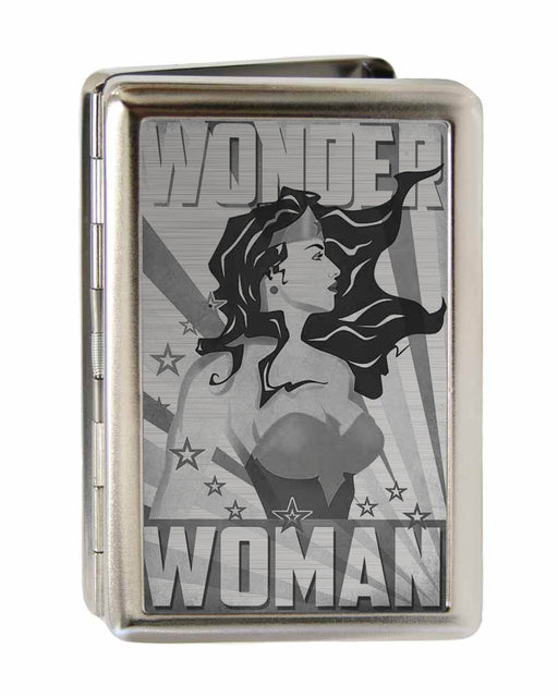 Business Card Holder - LARGE - WONDER WOMAN Pose Stars & Rays Brushed Silver Metal ID Cases DC Comics   