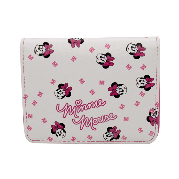 Women's Wallet ID Fold Over - Minnie Mouse Script with Expressions and M Icon Scattered White Pink Mini ID Wallets Disney   