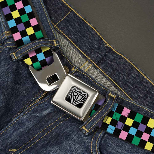 BD Wings Logo CLOSE-UP Full Color Black Silver Seatbelt Belt - Checker Black/Multi Pastel Webbing Seatbelt Belts Buckle-Down   