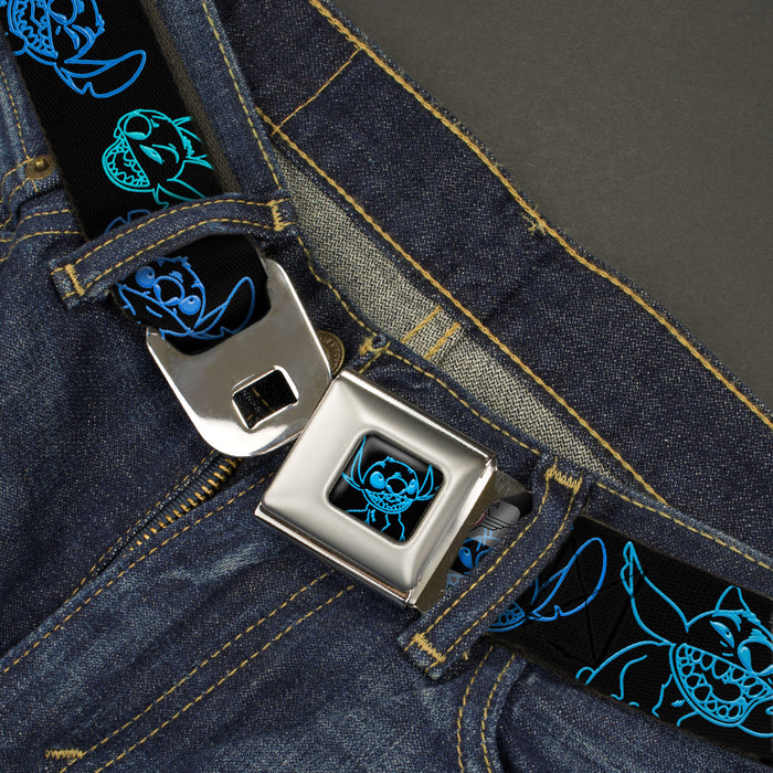 Stitch Pose Full Color Black Neon Blue Seatbelt Belt - Electric Stitch Poses Black/Neon Blue Webbing Seatbelt Belts Disney   