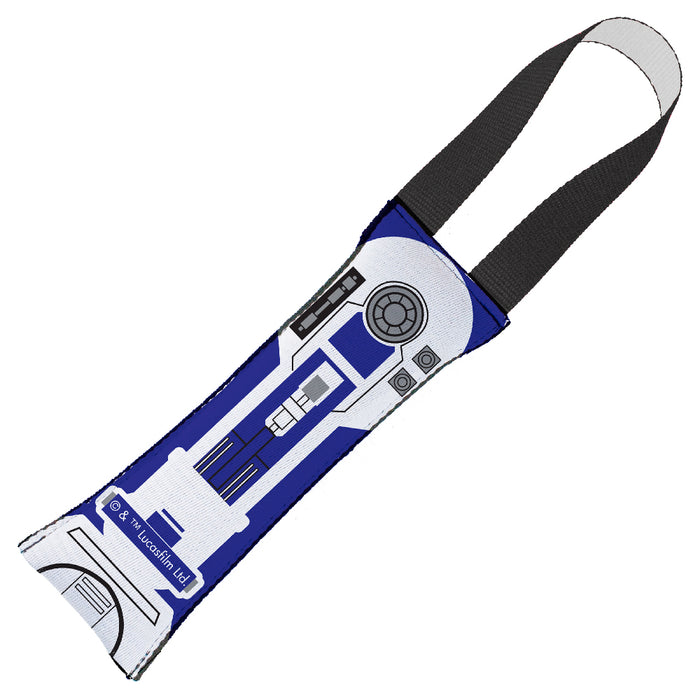 Dog Toy Squeaky Tug Toy - Star Wars R2-D2 Front View + Side View - White Handle Webbing Dog Toy Squeaky Tug Toy Star Wars   