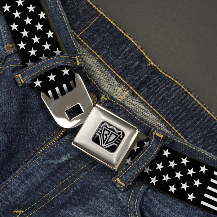 BD Wings Logo CLOSE-UP Full Color Black Silver Seatbelt Belt - Americana Stars & Stripes2 Black/White Webbing Seatbelt Belts Buckle-Down   