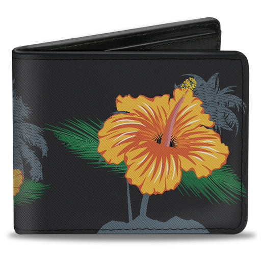 Bi-Fold Wallet - Hibiscus Flowers Palm Trees Black Green Orange Bi-Fold Wallets Buckle-Down   