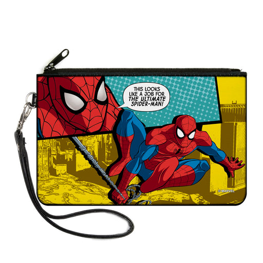 MARVEL UNIVERSE Canvas Zipper Wallet - LARGE - Spider-Man Face Action Pose Quote Bubble THIS LOOKS LIKE A JOB FOR THE ULTIMATE SPIDER-MAN! Teals Yellows Canvas Zipper Wallets Marvel Comics   