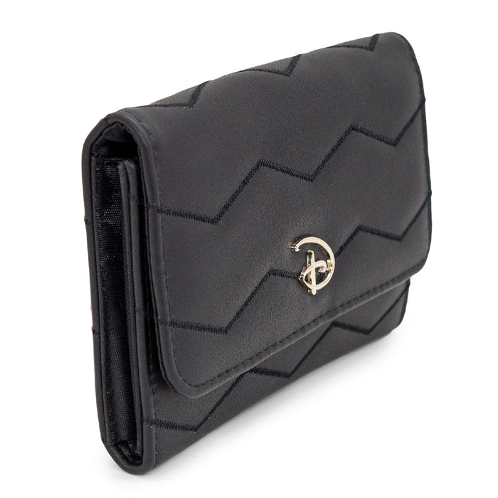 Women's Fold Over Wallet Rectangle Quilted PU - Disney Signature D Silver Logo with Chevron Stitch Black Clutch Snap Closure Wallets Disney   