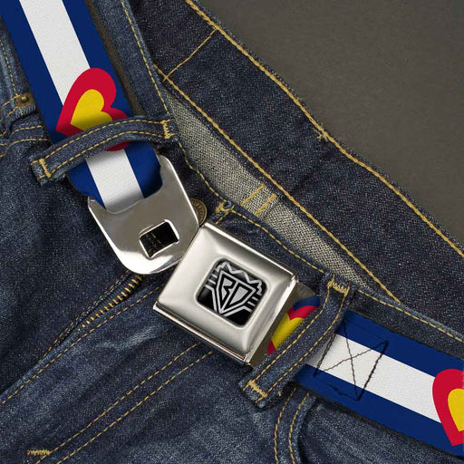 BD Wings Logo CLOSE-UP Full Color Black Silver Seatbelt Belt - Colorado Heart Blue/White/Red/Yellow Webbing Seatbelt Belts Buckle-Down   