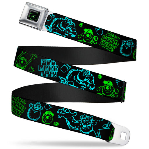 Monsters Eye Full Color Black Neon Green Seatbelt Belt - Monsters Inc. Sully & Mike Poses/GRRRRR! Black/Turquoise/Green Webbing Seatbelt Belts Disney   