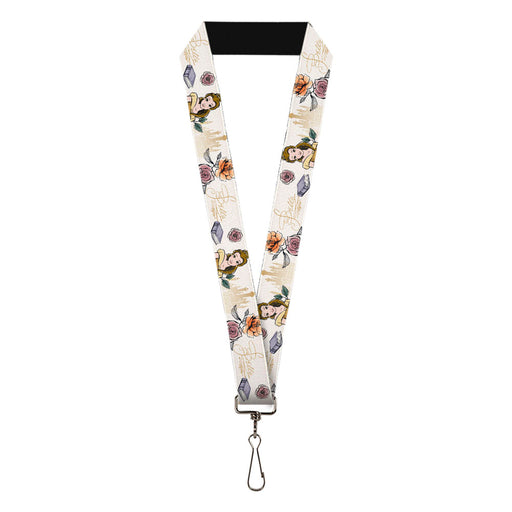 Lanyard - 1.0" - Beauty and the Beast Belle Castle Pose with Script and Flowers White Yellows Lanyards Disney   