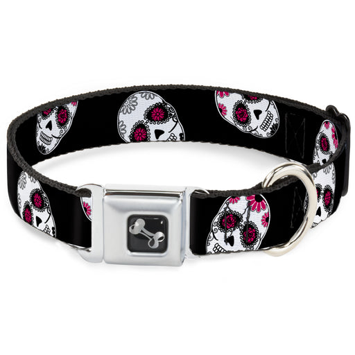 Dog Bone Seatbelt Buckle Collar - Staggered Sugar Skulls Black/White/Pink Seatbelt Buckle Collars Buckle-Down   