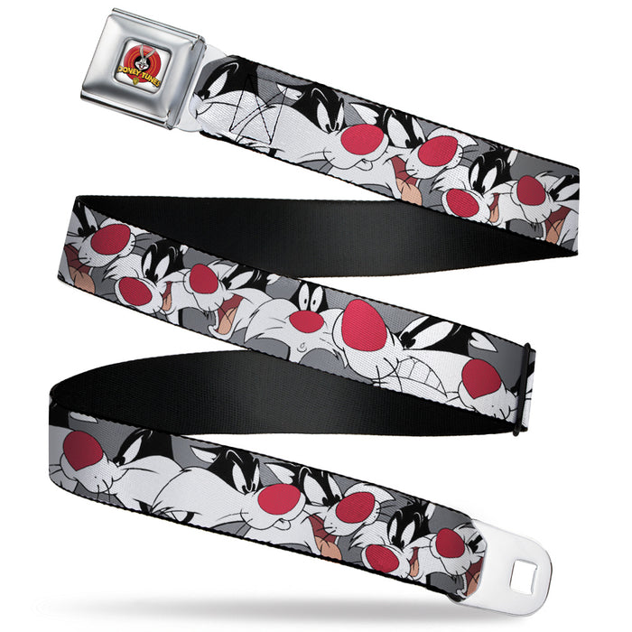 Looney Tunes Logo Full Color White Seatbelt Belt - Sylvester the Cat Expressions Gray Webbing Seatbelt Belts Looney Tunes   