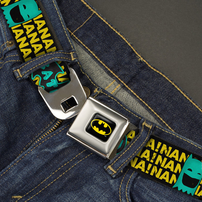 Batman Full Color Black Yellow Seatbelt Belt - Batman Face & Logo Sketch/NANANA! Black/Yellow/Aqua Webbing Seatbelt Belts DC Comics   