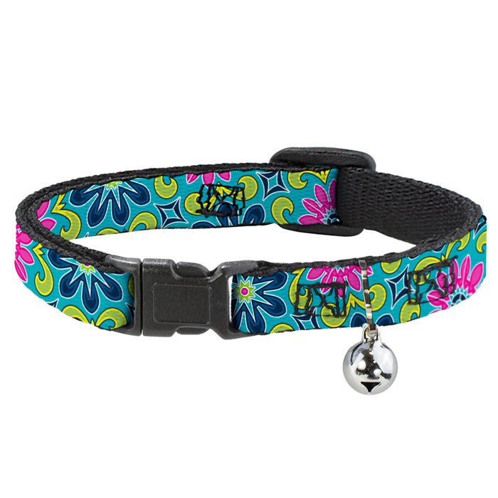 Cat Collar Breakaway - Floral Burst Turquoise Blues Pinks Yellow Green Breakaway Cat Collars Buckle-Down   