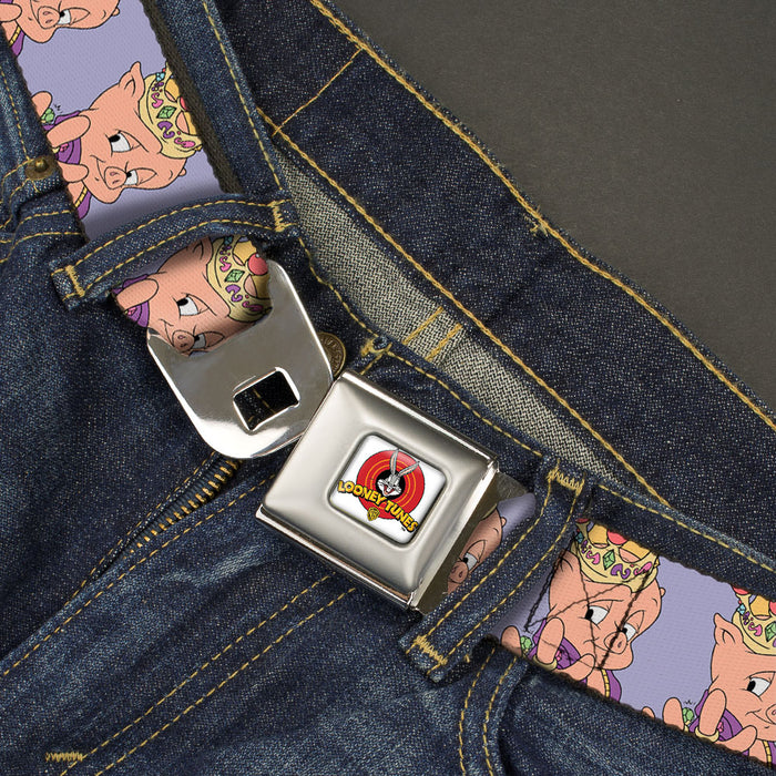 Looney Tunes Logo Full Color White Seatbelt Belt - Porky Pig Hip Hop Expression Lavender Webbing Seatbelt Belts Looney Tunes   