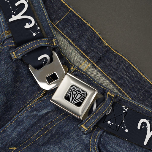 BD Wings Logo CLOSE-UP Full Color Black Silver Seatbelt Belt - Zodiac Aries Symbol/Constellations Black/White Webbing Seatbelt Belts Buckle-Down   