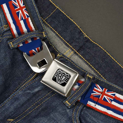 BD Wings Logo CLOSE-UP Full Color Black Silver Seatbelt Belt - Hawaii Flags Weathered Blue/Red/White Webbing Seatbelt Belts Buckle-Down   