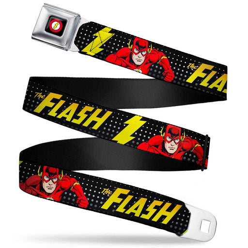 Flash Logo Full Color Black Seatbelt Belt - THE FLASH Running Action Pose/Lightning Bolt Halftone Dots Black/Grays/Yellows Webbing Seatbelt Belts DC Comics   