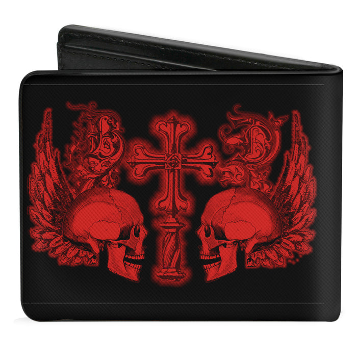 Bi-Fold Wallet - BD Skulls w Wings Black Red Bi-Fold Wallets Buckle-Down   