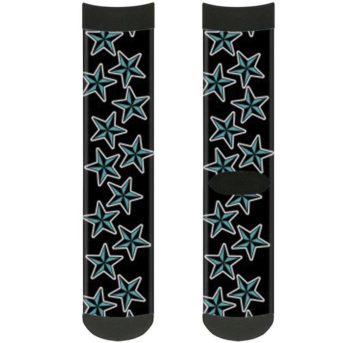 Sock Pair - Polyester - Nautical Stars Scattered Black Turquoise - CREW Socks Buckle-Down   