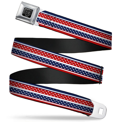 BD Wings Logo CLOSE-UP Full Color Black Silver Seatbelt Belt - Americana Stripe w/Mini Stars Blue/Red/White Webbing Seatbelt Belts Buckle-Down   