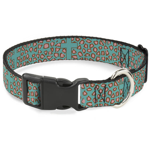 Plastic Clip Collar - Cross Repeat Leopard Turquoise/Pink Plastic Clip Collars Buckle-Down   