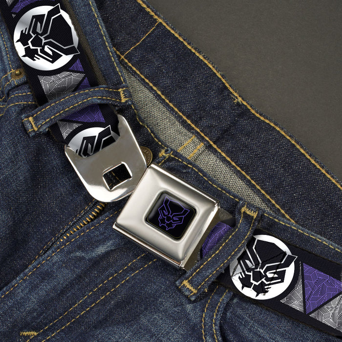 Black Panther Icon Full Color Black/Purple Seatbelt Belt - Black Panther Avengers Icon/Triangles Black/Silvers/Purples Webbing Seatbelt Belts Marvel Comics   