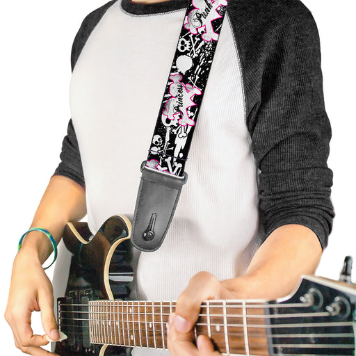 Guitar Strap - Punk Princess Heart & Cross Bones w Skulls & Splatter Black White Guitar Straps Buckle-Down   