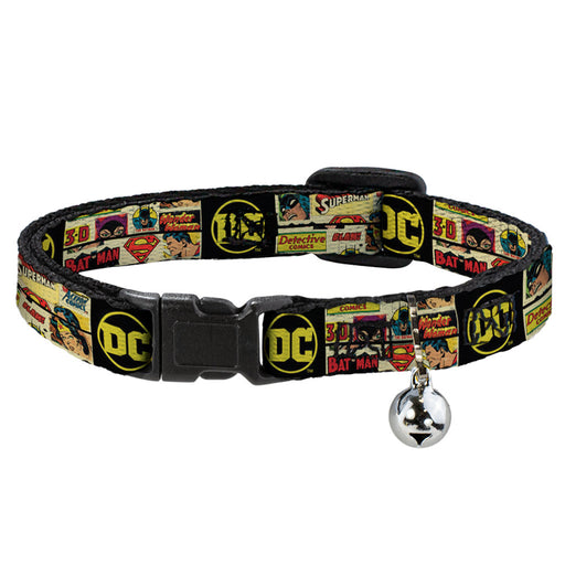 Cat Collar Breakaway with Bell - Vintage DC Comics Superhero and Logos Collage Black - NARROW Fits 8.5-12" Breakaway Cat Collars DC Comics   