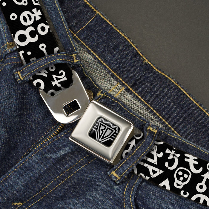 BD Wings Logo CLOSE-UP Full Color Black Silver Seatbelt Belt - Alchemy Symbols Scattered Black/White Webbing Seatbelt Belts Buckle-Down   